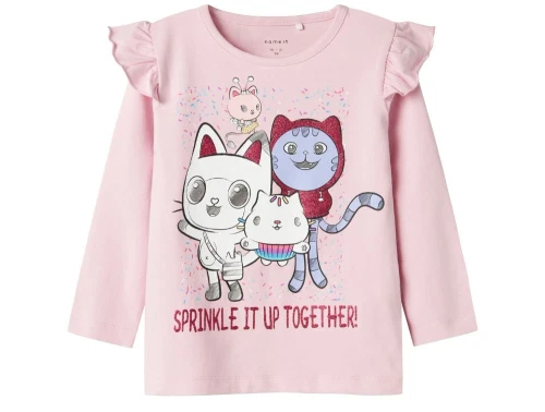 Lyserød langærmet t-shirt med Gabby\'s dollhouse print og flæser på skuldrerne fra Name It 13236203 corsage